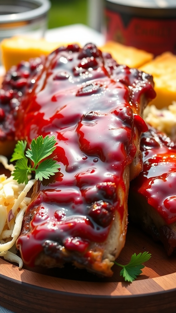 Delicious barbecue ribs with sauce on a wooden platter, served with coleslaw and cornbread.